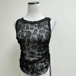 Closet black burnout velvet top sleeveless drawstring sheer asian made in usa  L